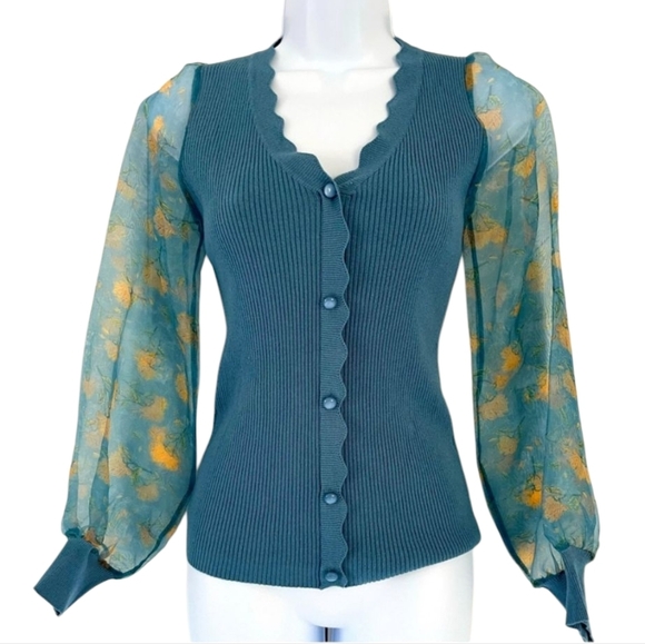 NWT Vila Milano/ Sweater/ Airforce Blue/ Sheer Floral Bubble Sleeves/ Size US XS - Picture 1 of 14